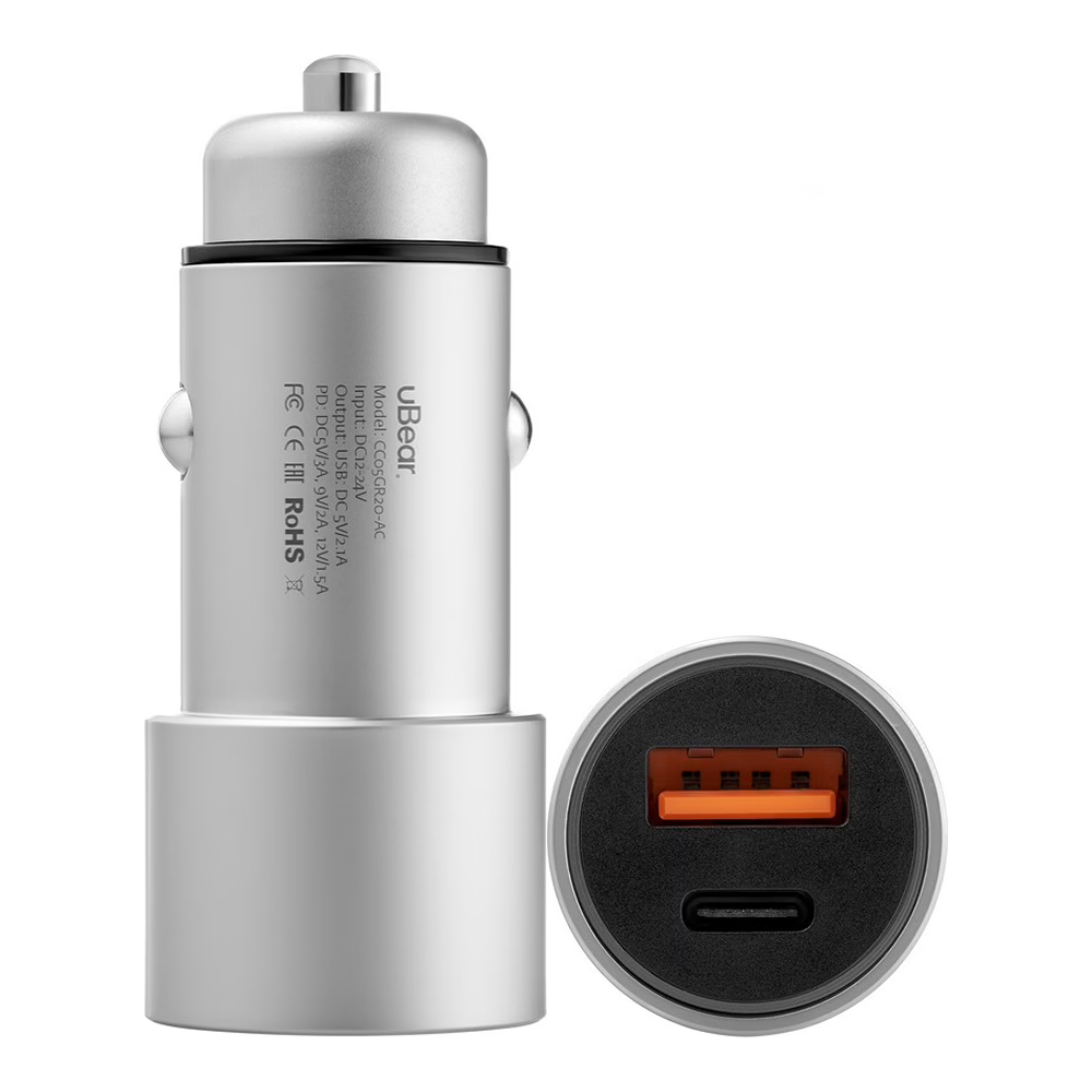 CC05GR20-AС Автомобильное зарядное устройство Ride 20W Max, USB-C+USB A (PD, QC 3.0), цвет: серый